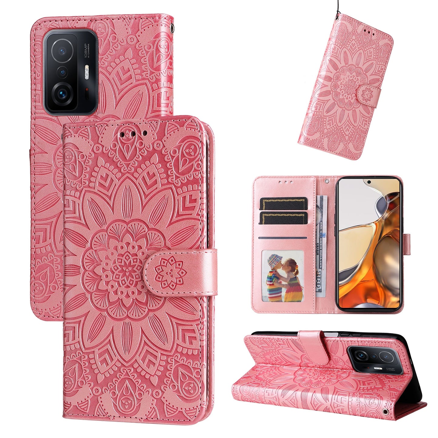 For Xiaomi 11T Pro Sunflower Embossed Leather Wallet Phone Case with Kickstand and Card Holder