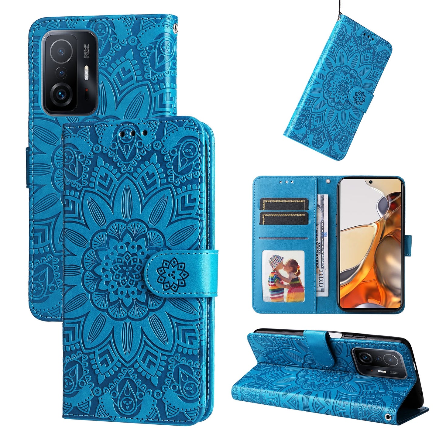 For Xiaomi 11T Pro Sunflower Embossed Leather Wallet Phone Case with Kickstand and Card Holder