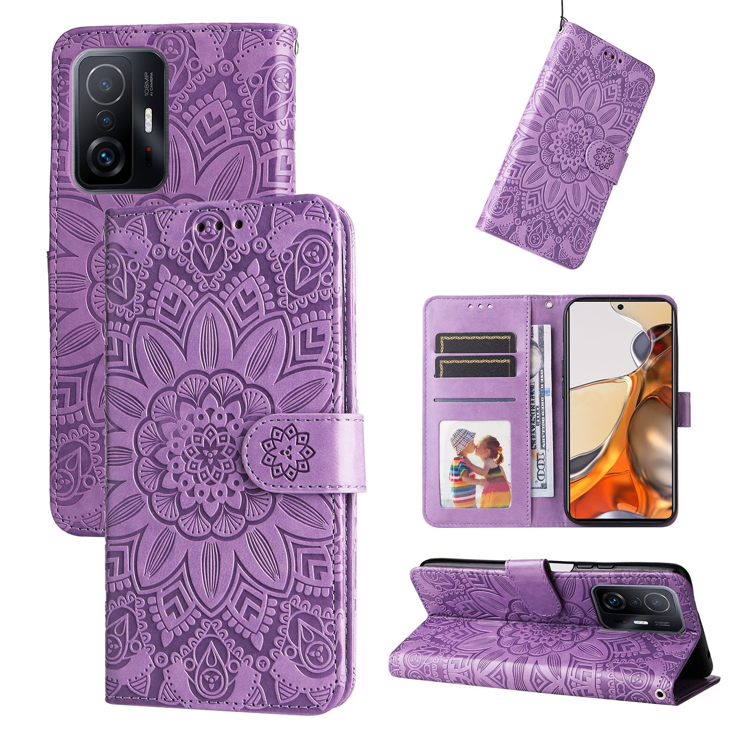 For Xiaomi 11T Pro Sunflower Embossed Leather Wallet Phone Case with Kickstand and Card Holder