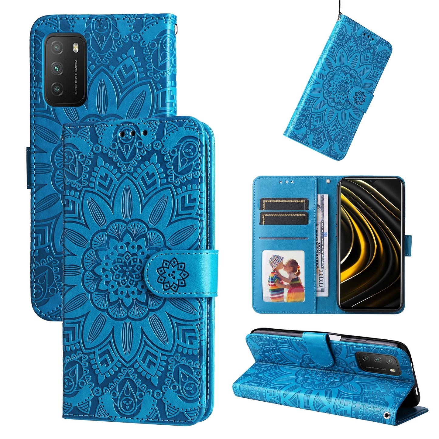 Xiaomi Redmi 9T Sunflower Embossed Leather Wallet Phone Case with Kickstand and Card Holder