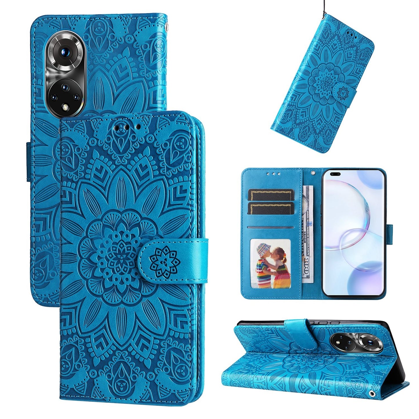 Honor 50 Pro Sunflower Embossed Leather Wallet Phone Case with Kickstand and Card Holder