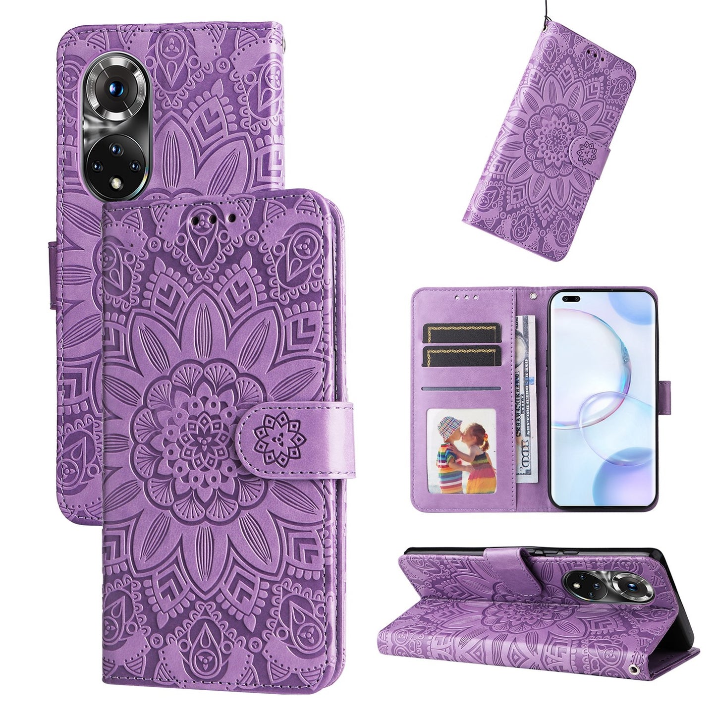 Honor 50 Pro Sunflower Embossed Leather Wallet Phone Case with Kickstand and Card Holder