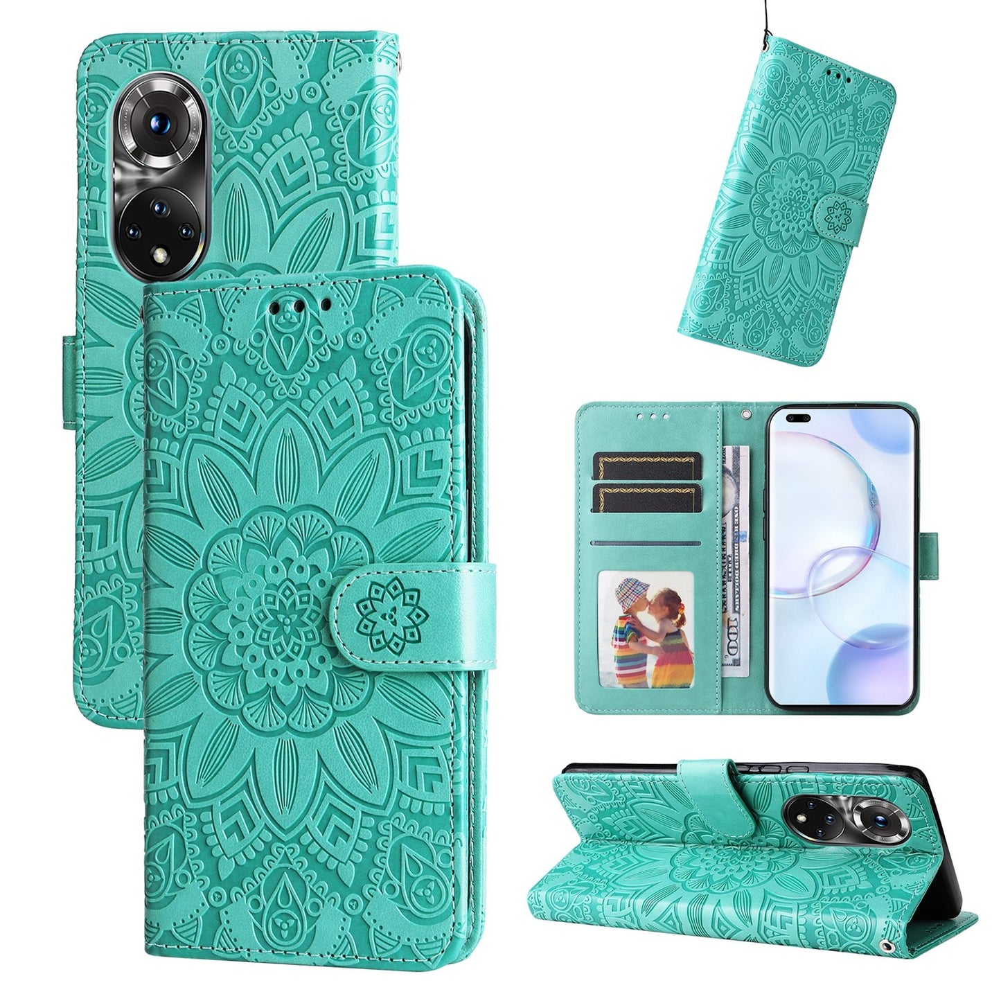 Honor 50 Pro Sunflower Embossed Leather Wallet Phone Case with Kickstand and Card Holder
