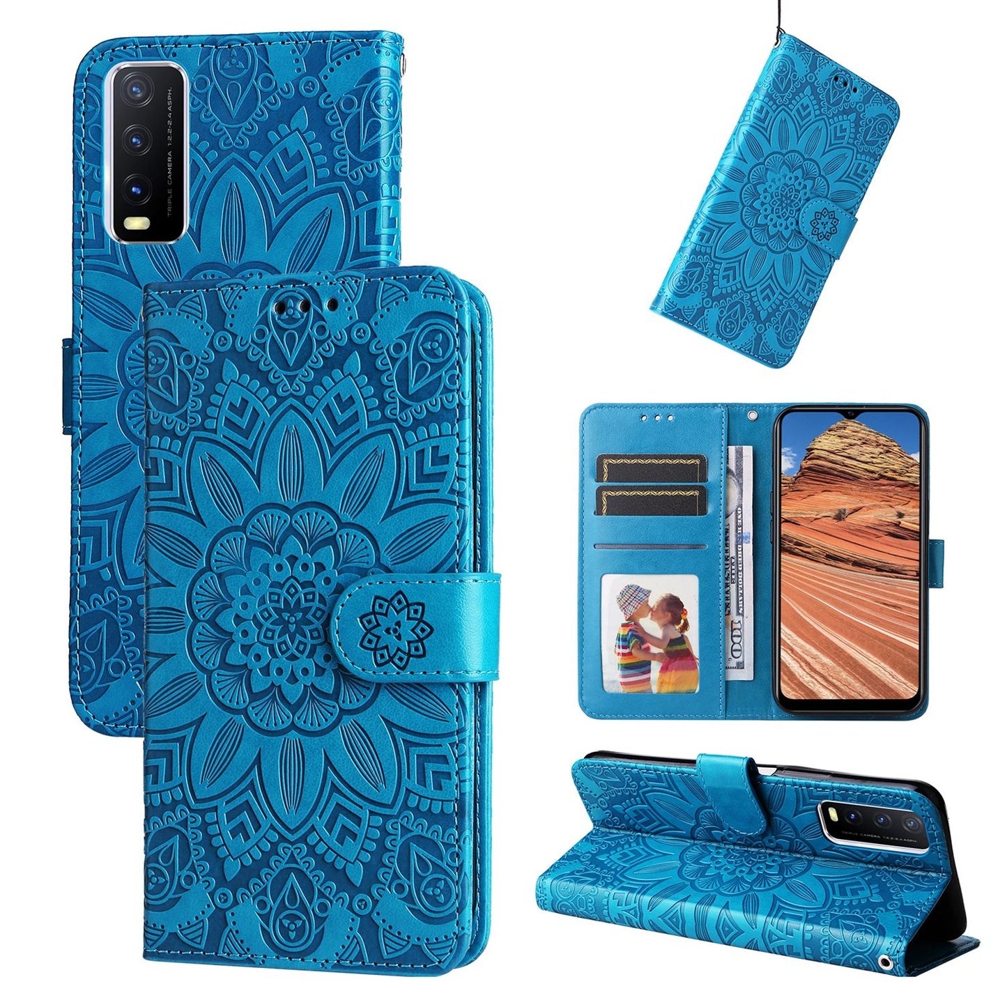 For vivo Y20 Sunflower Embossed Leather Wallet Phone Case with Kickstand and Card Holder