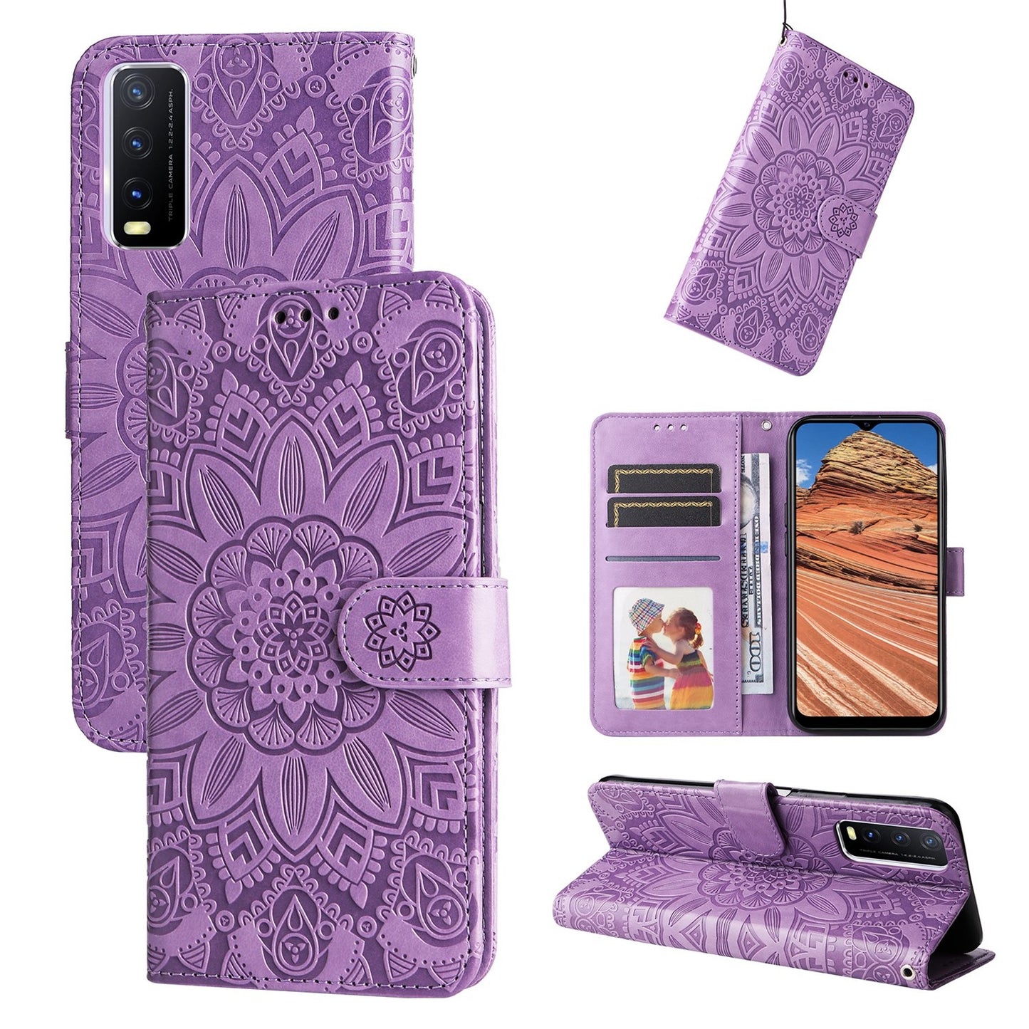 For vivo Y20 Sunflower Embossed Leather Wallet Phone Case with Kickstand and Card Holder