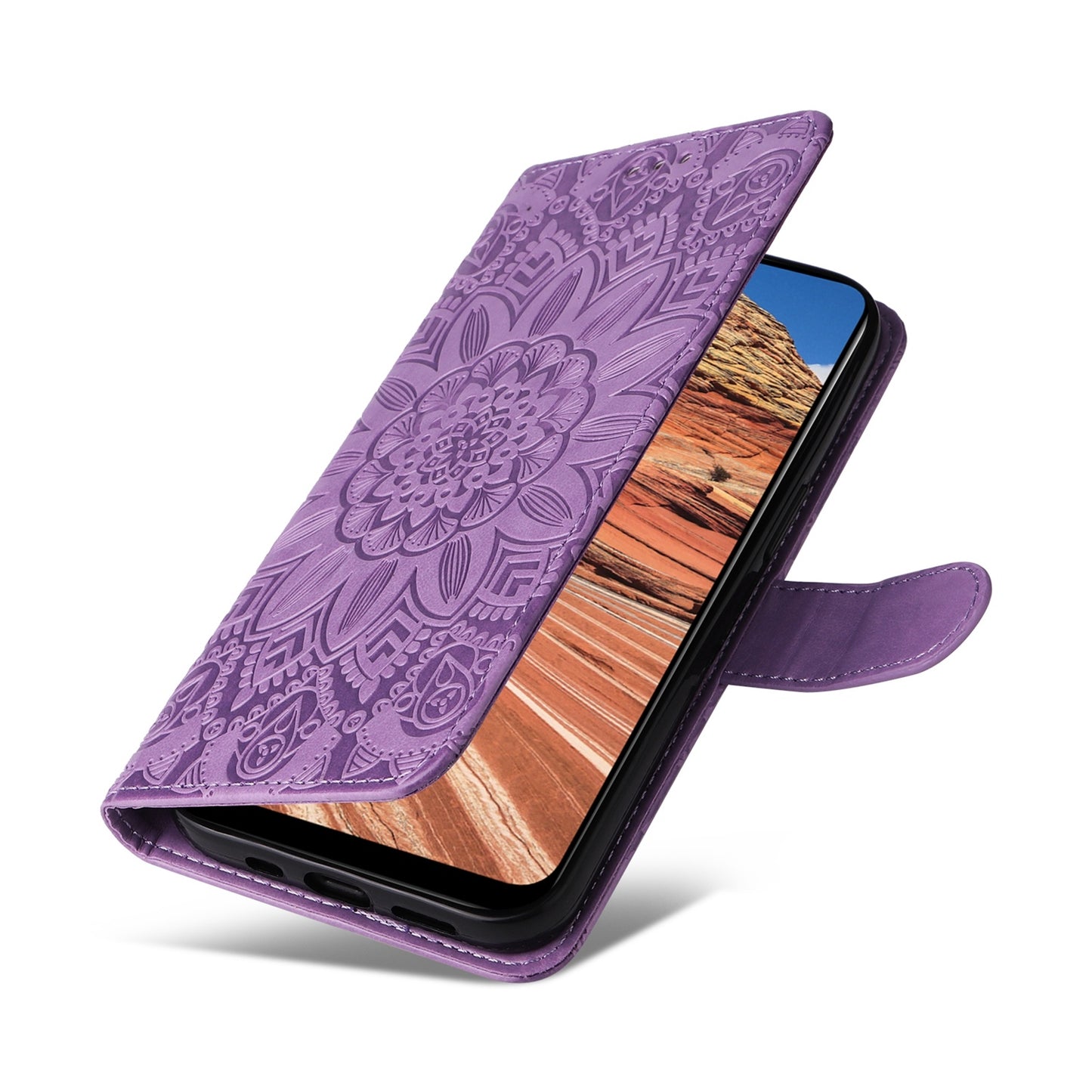 For vivo Y20 Sunflower Embossed Leather Wallet Phone Case with Kickstand and Card Holder
