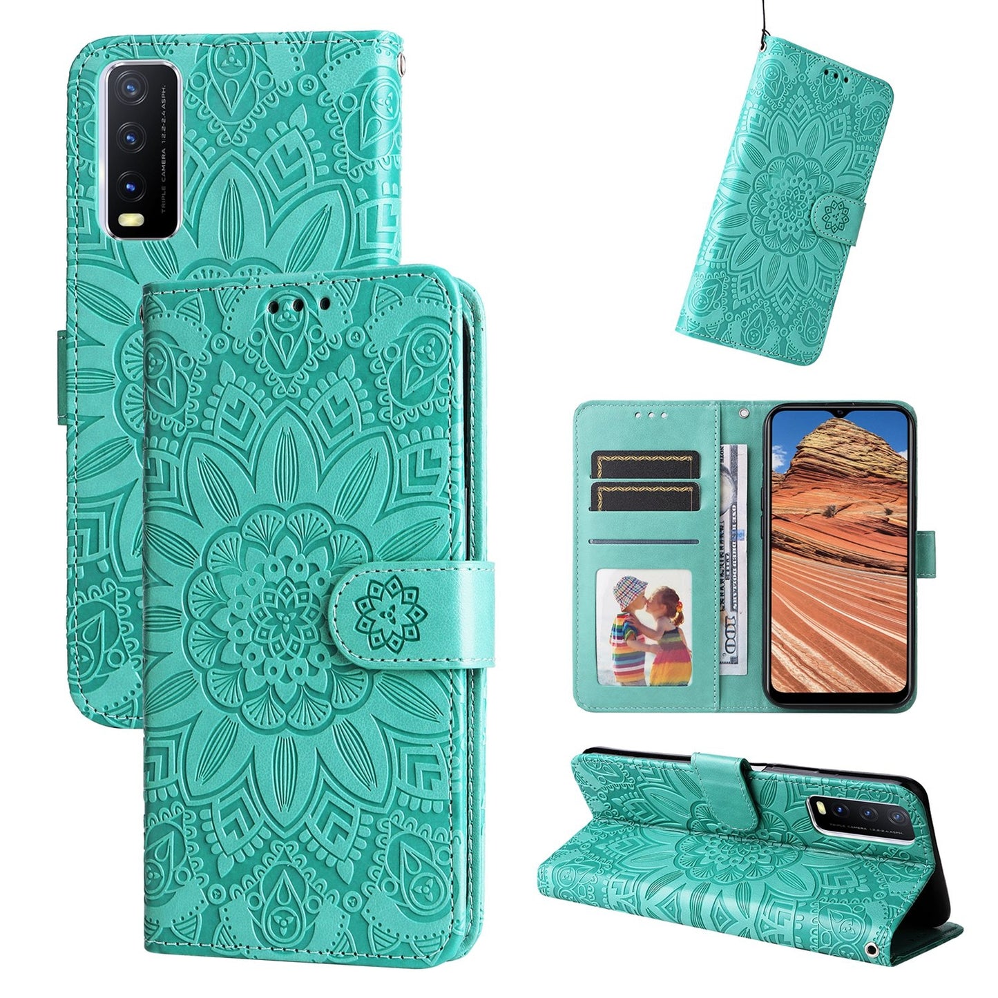 For vivo Y20 Sunflower Embossed Leather Wallet Phone Case with Kickstand and Card Holder