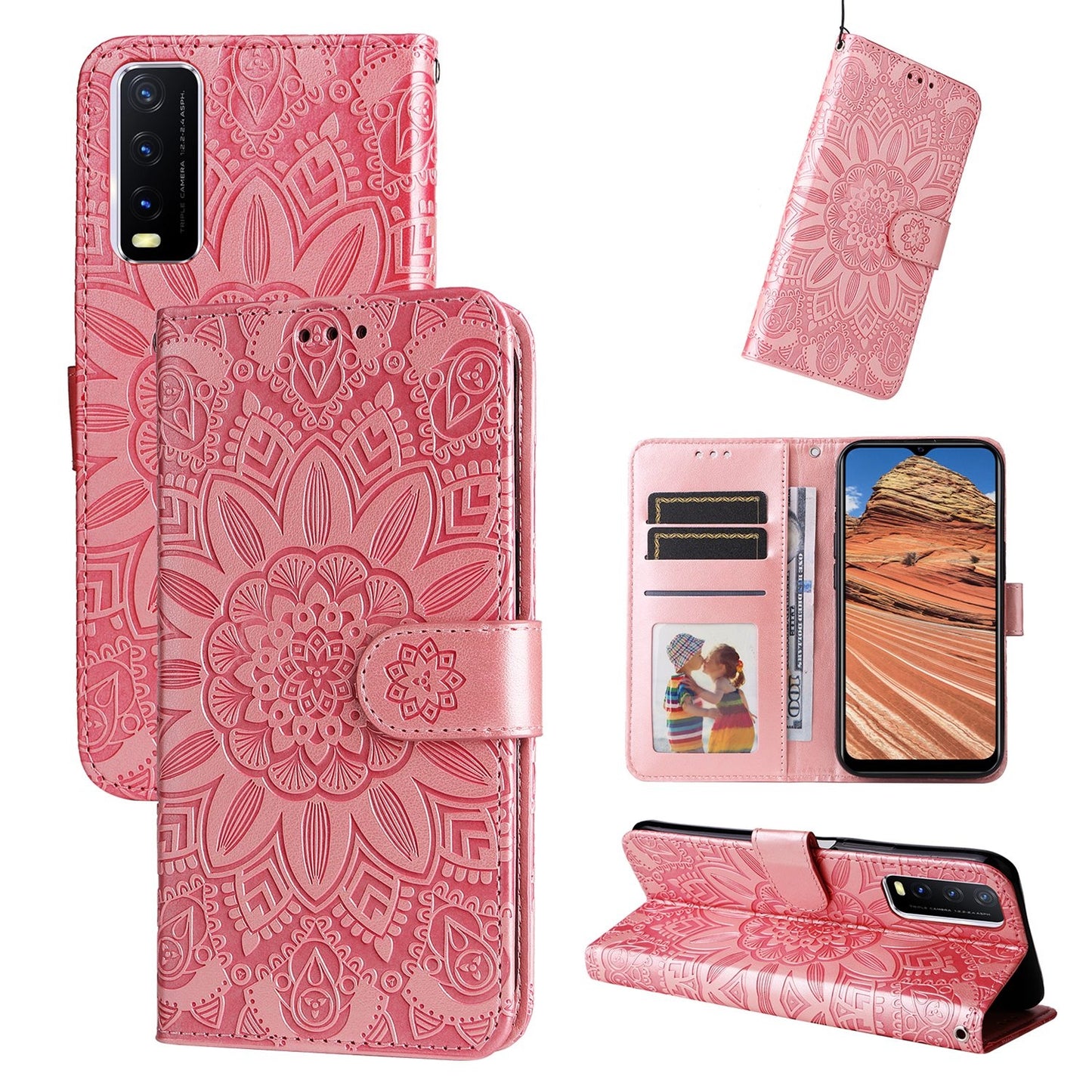 For vivo Y20 Sunflower Embossed Leather Wallet Phone Case with Kickstand and Card Holder