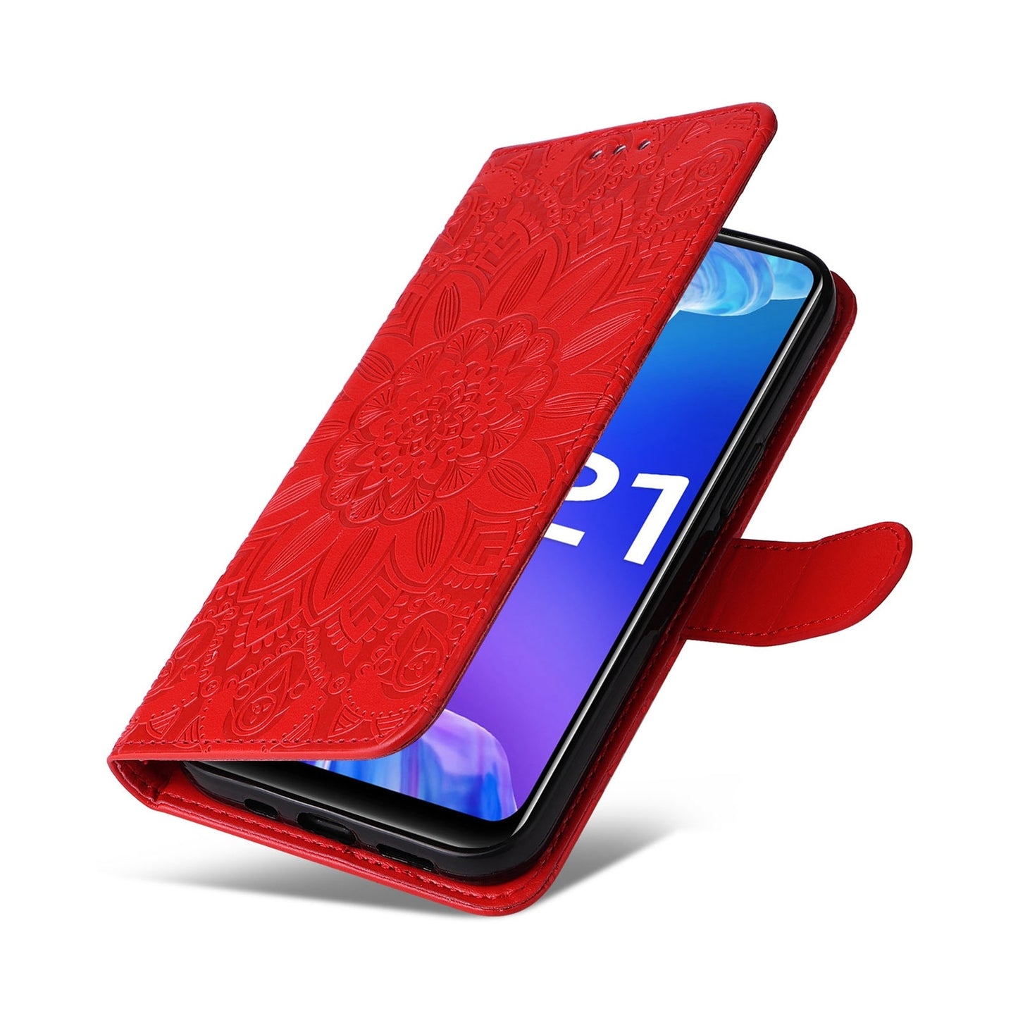 For vivo Y33s Sunflower Embossed Leather Wallet Phone Case with Kickstand and Card Holder
