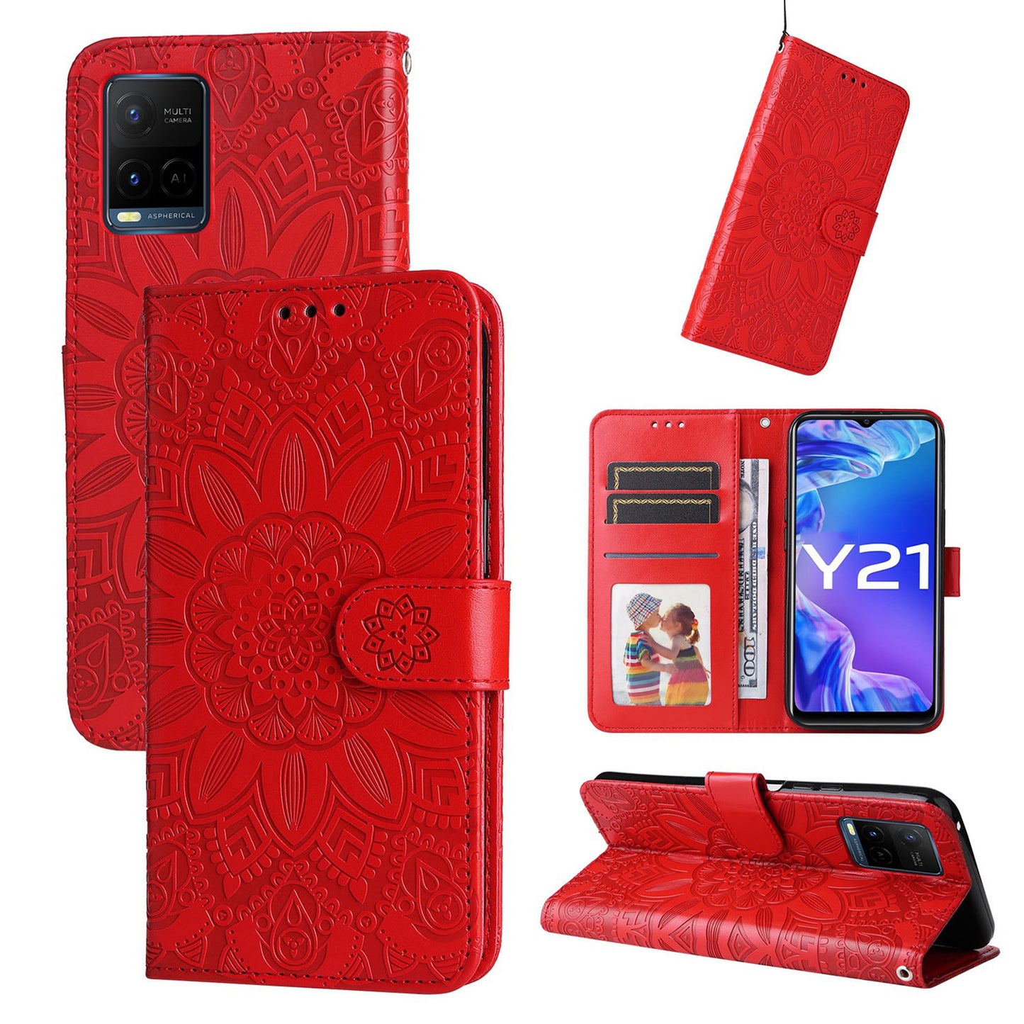 For vivo Y33s Sunflower Embossed Leather Wallet Phone Case with Kickstand and Card Holder