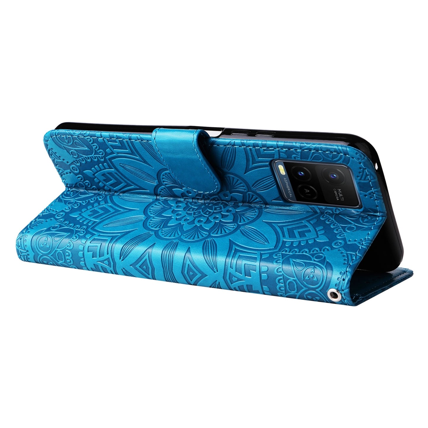 For vivo Y33s Sunflower Embossed Leather Wallet Phone Case with Kickstand and Card Holder