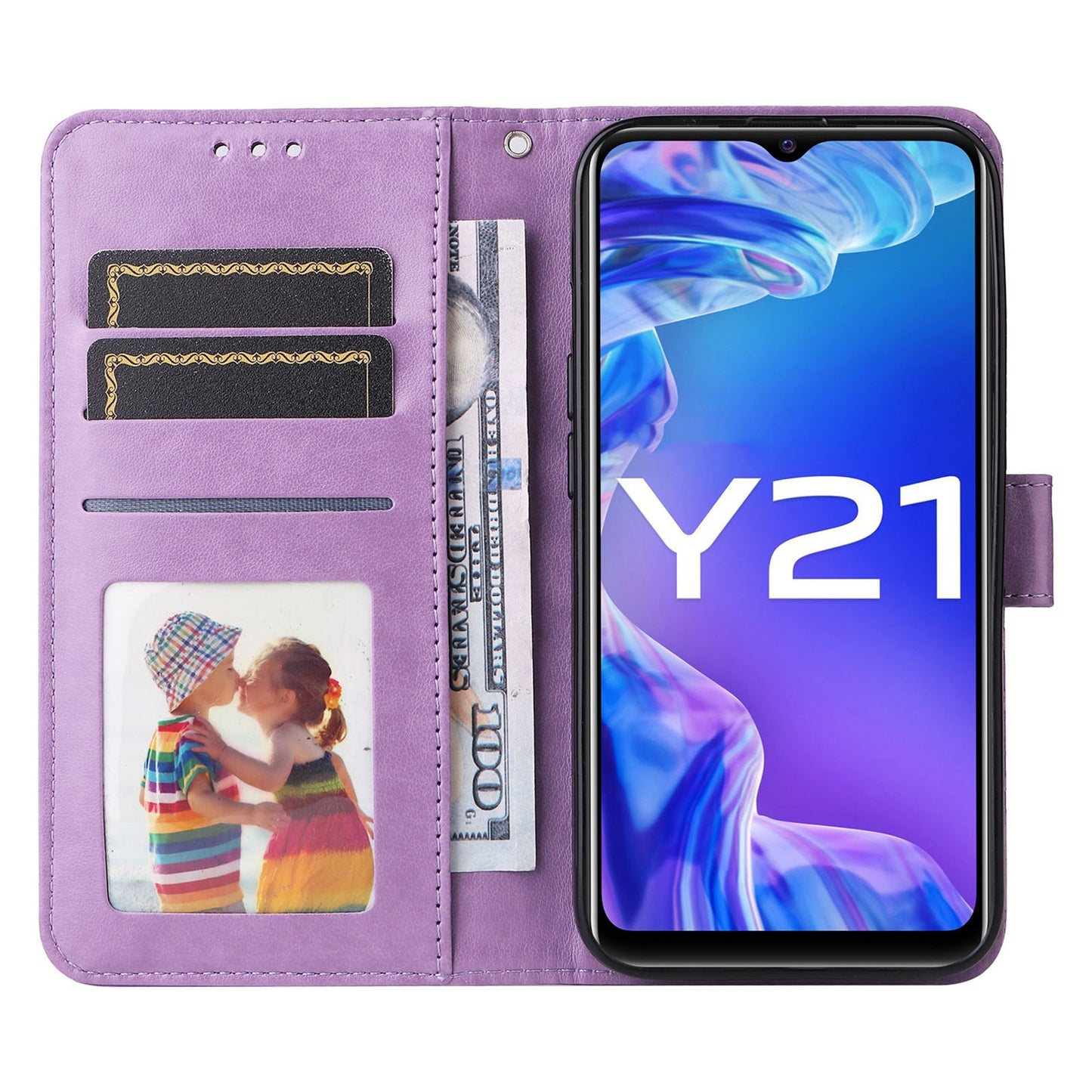 For vivo Y33s Sunflower Embossed Leather Wallet Phone Case with Kickstand and Card Holder