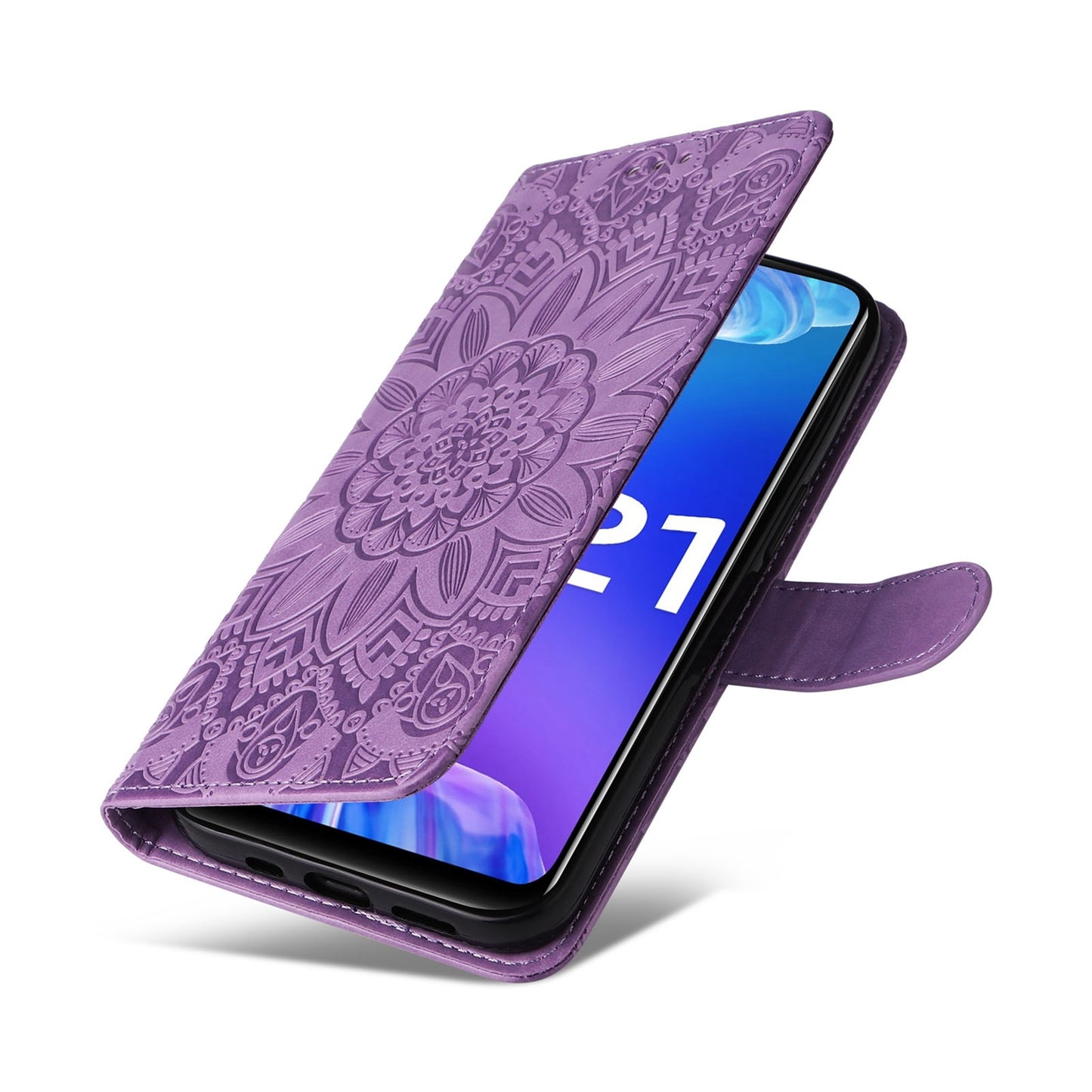 For vivo Y21s Sunflower Embossed Leather Wallet Phone Case with Kickstand and Card Holder