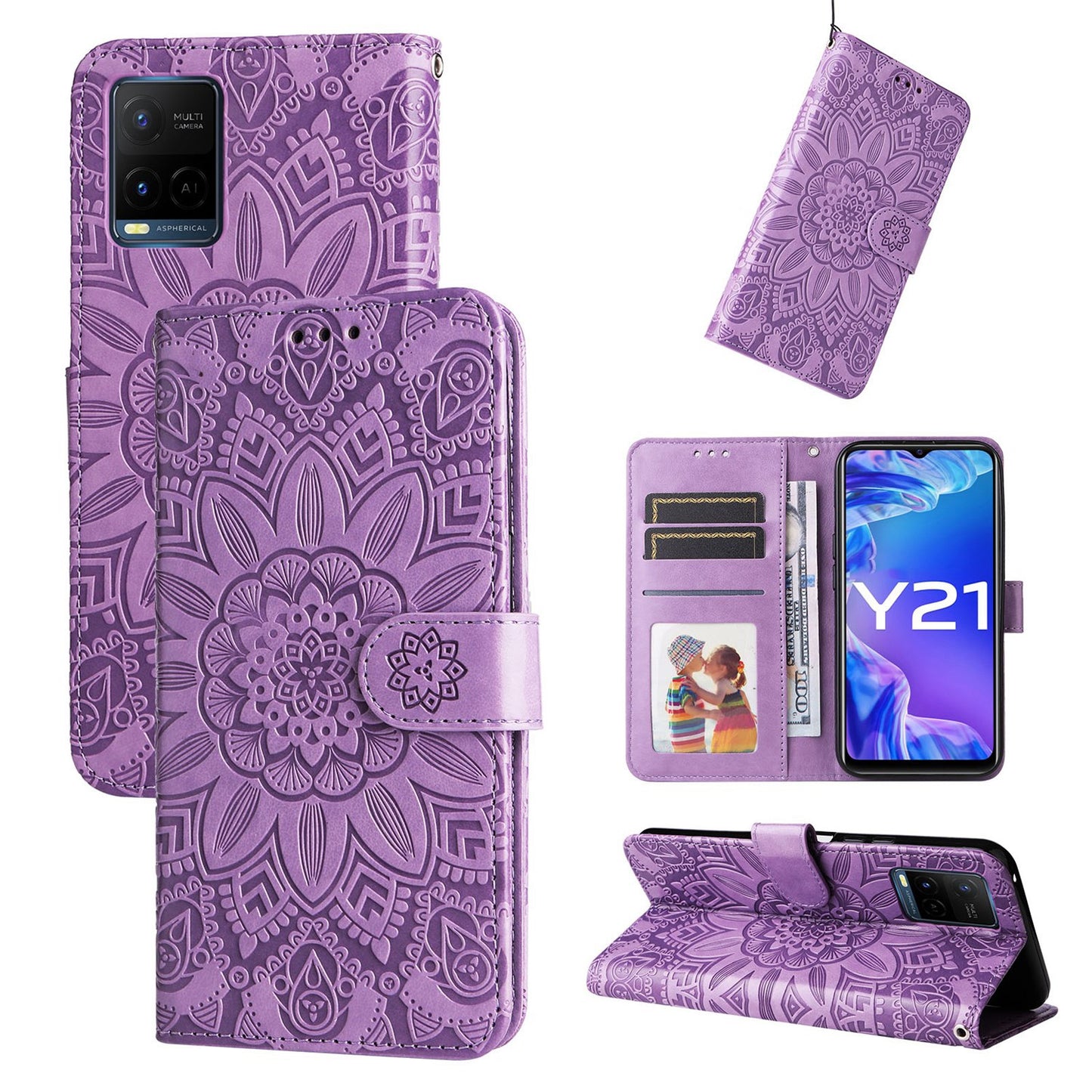 For vivo Y33s Sunflower Embossed Leather Wallet Phone Case with Kickstand and Card Holder