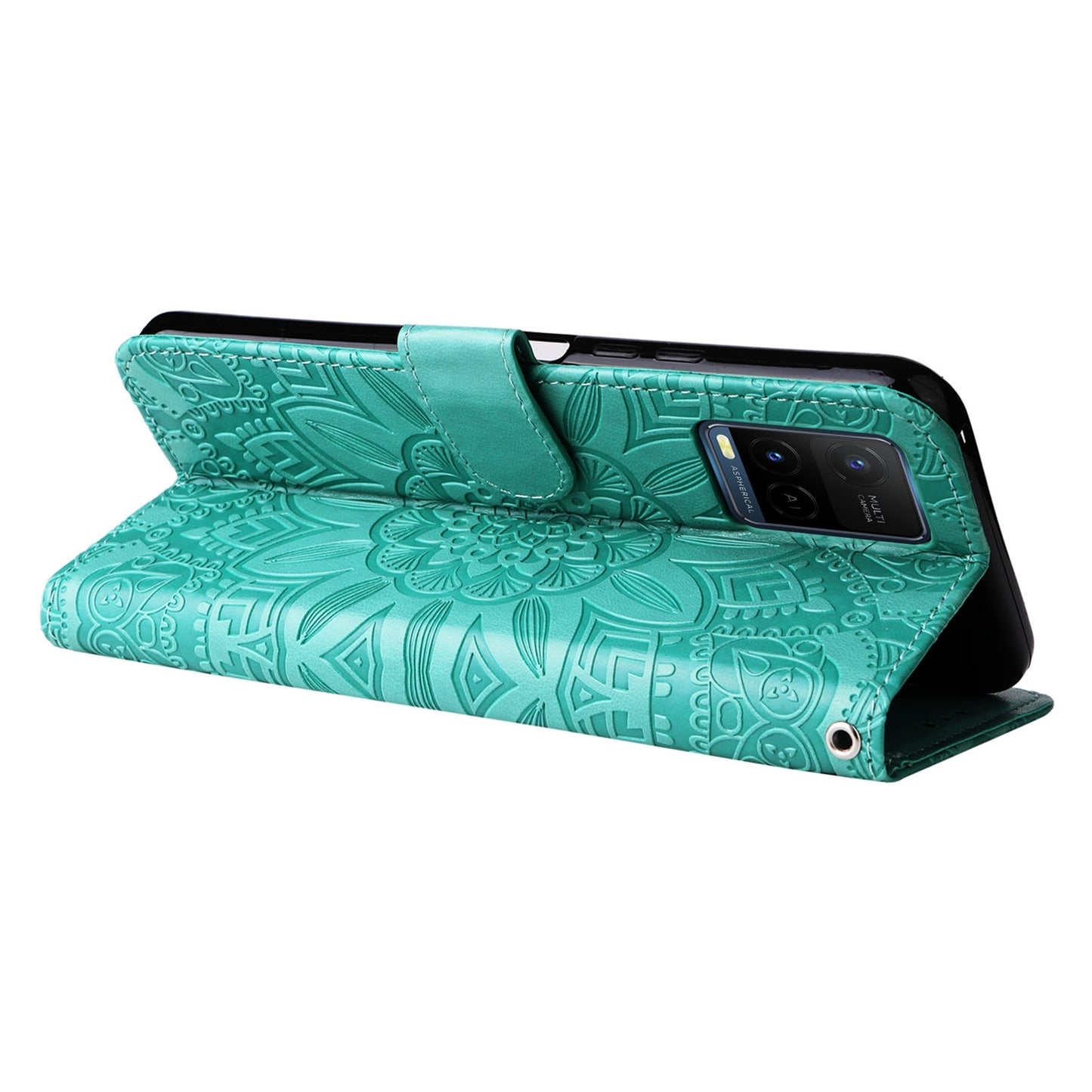 For vivo Y33s Sunflower Embossed Leather Wallet Phone Case with Kickstand and Card Holder