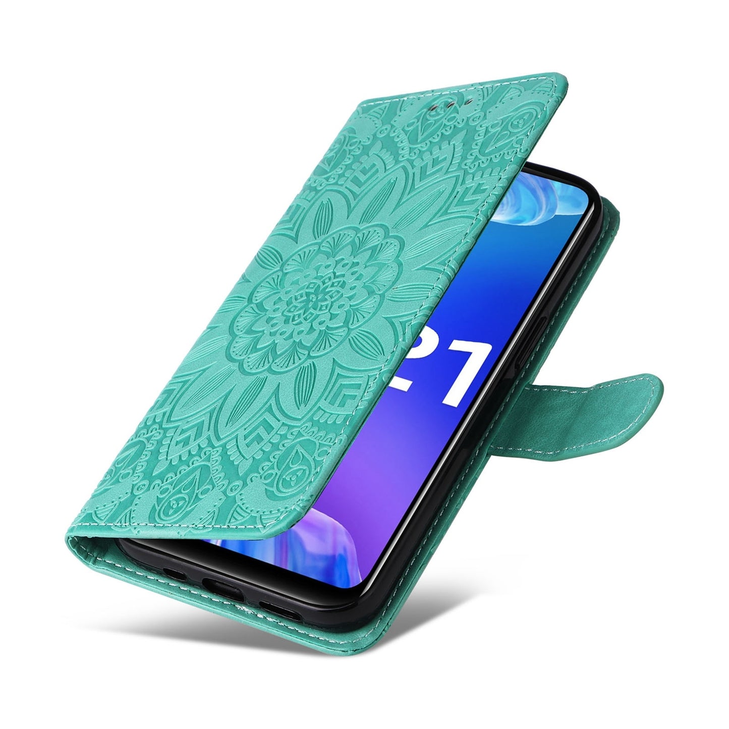 For vivo Y33s Sunflower Embossed Leather Wallet Phone Case with Kickstand and Card Holder