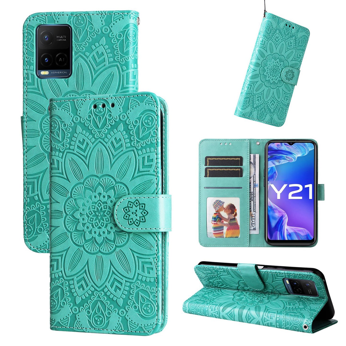 For vivo Y33s Sunflower Embossed Leather Wallet Phone Case with Kickstand and Card Holder