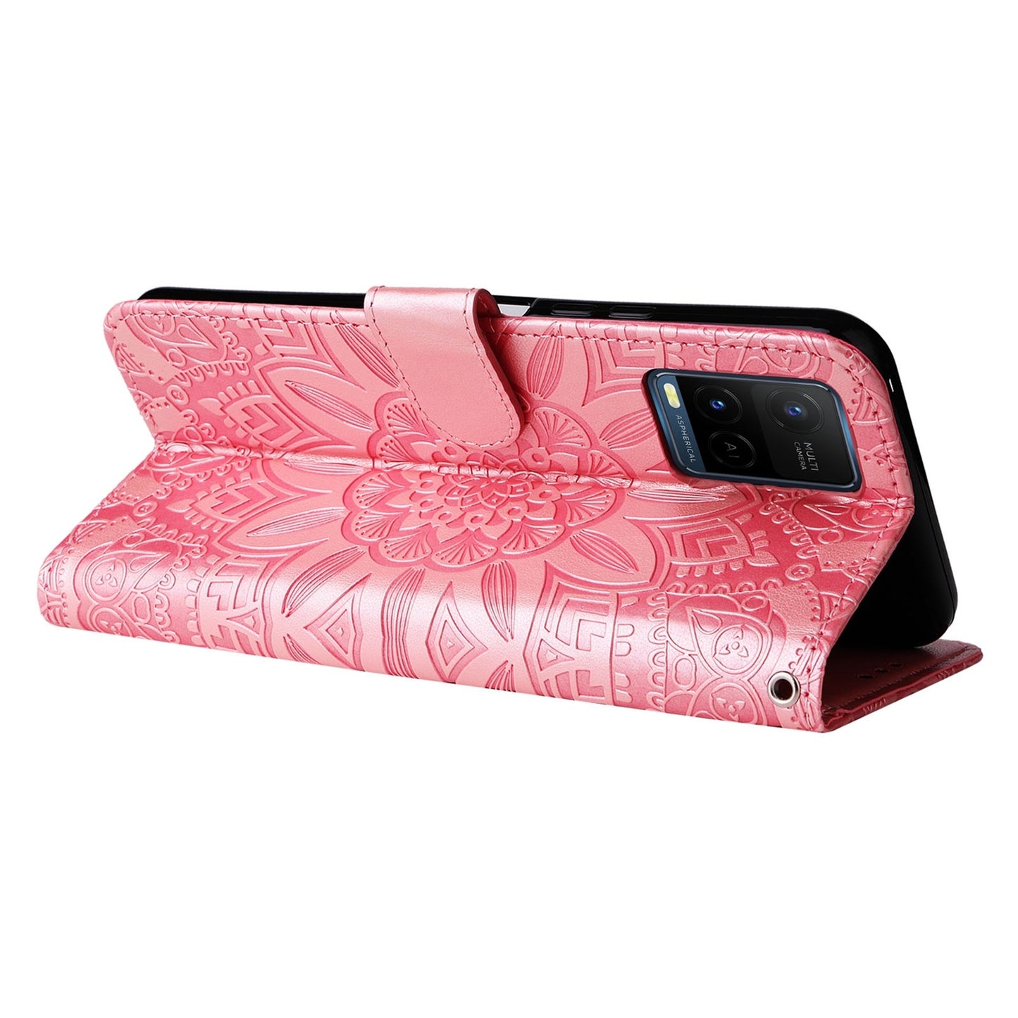 For vivo Y33s Sunflower Embossed Leather Wallet Phone Case with Kickstand and Card Holder