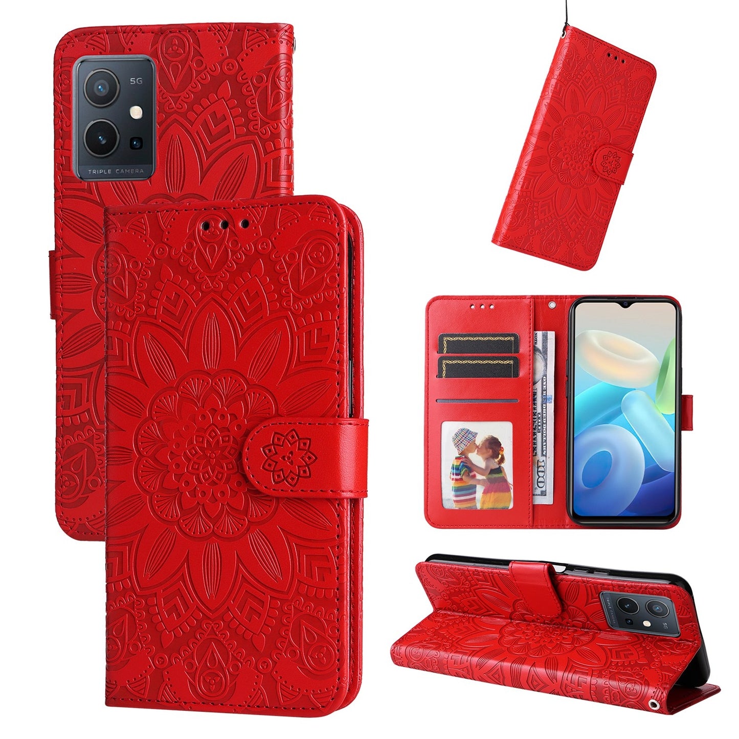 For vivo Y75 5G Sunflower Embossed Leather Wallet Phone Case with Kickstand and Card Holder