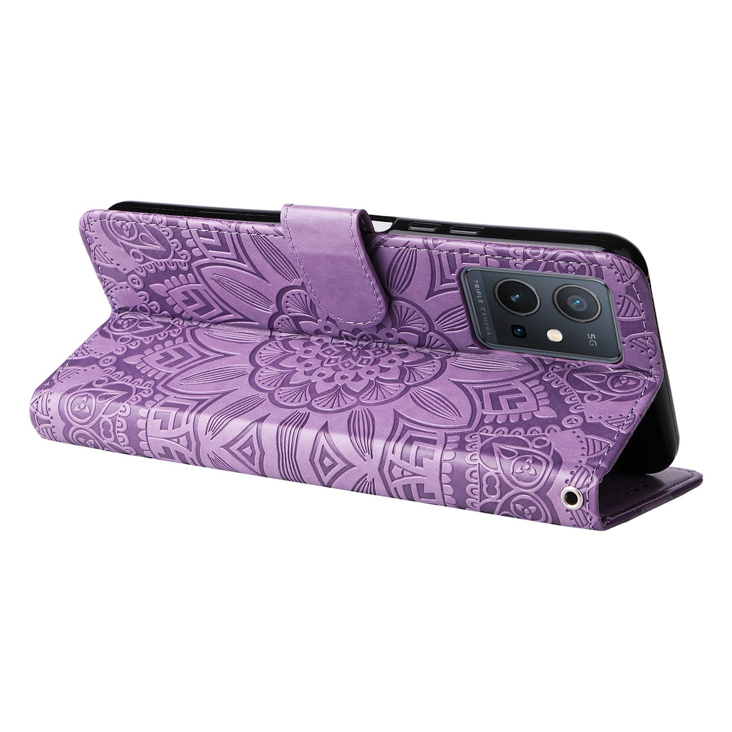For vivo Y75 5G Sunflower Embossed Leather Wallet Phone Case with Kickstand and Card Holder