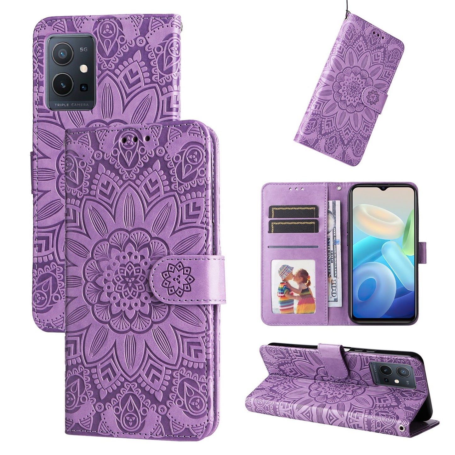 For vivo Y75 5G Sunflower Embossed Leather Wallet Phone Case with Kickstand and Card Holder