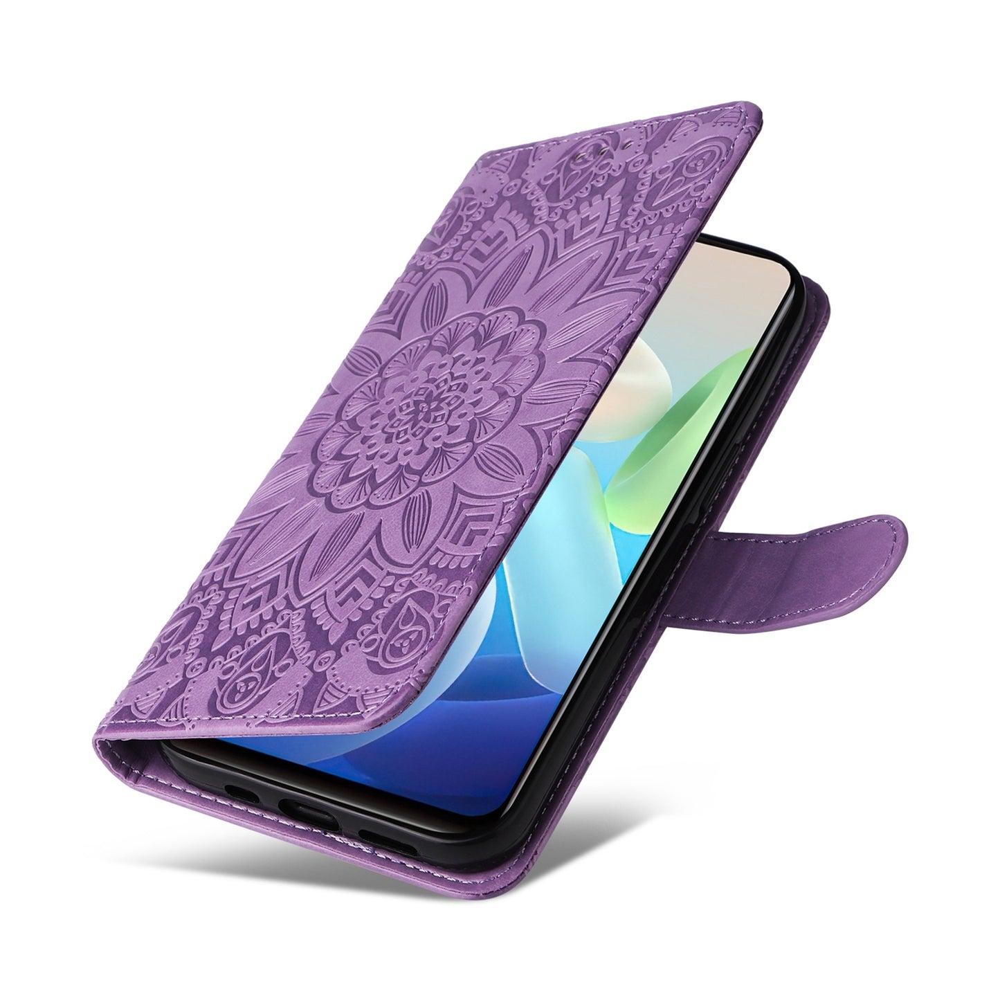 For vivo Y75 5G Sunflower Embossed Leather Wallet Phone Case with Kickstand and Card Holder