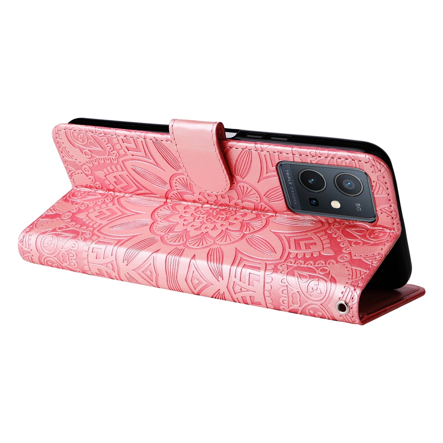 For vivo Y75 5G Sunflower Embossed Leather Wallet Phone Case with Kickstand and Card Holder