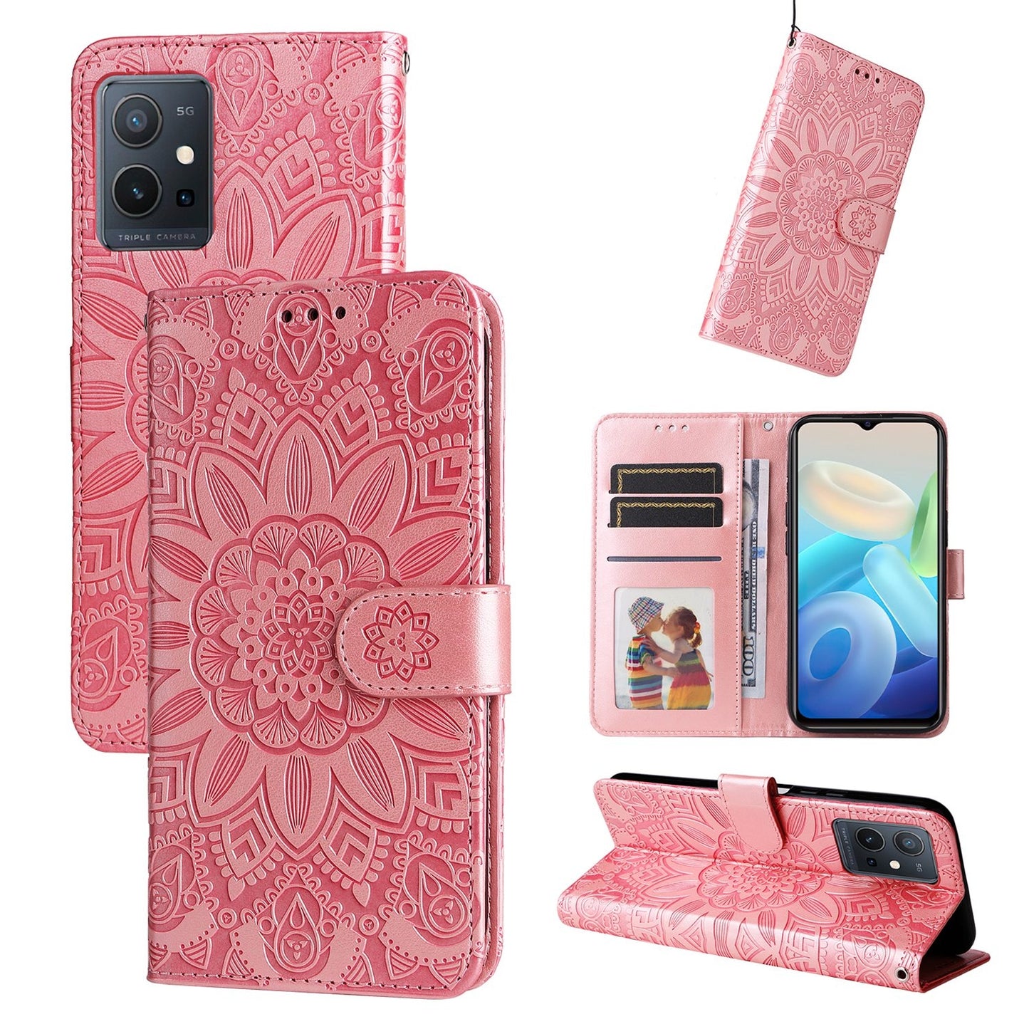 For vivo Y75 5G Sunflower Embossed Leather Wallet Phone Case with Kickstand and Card Holder