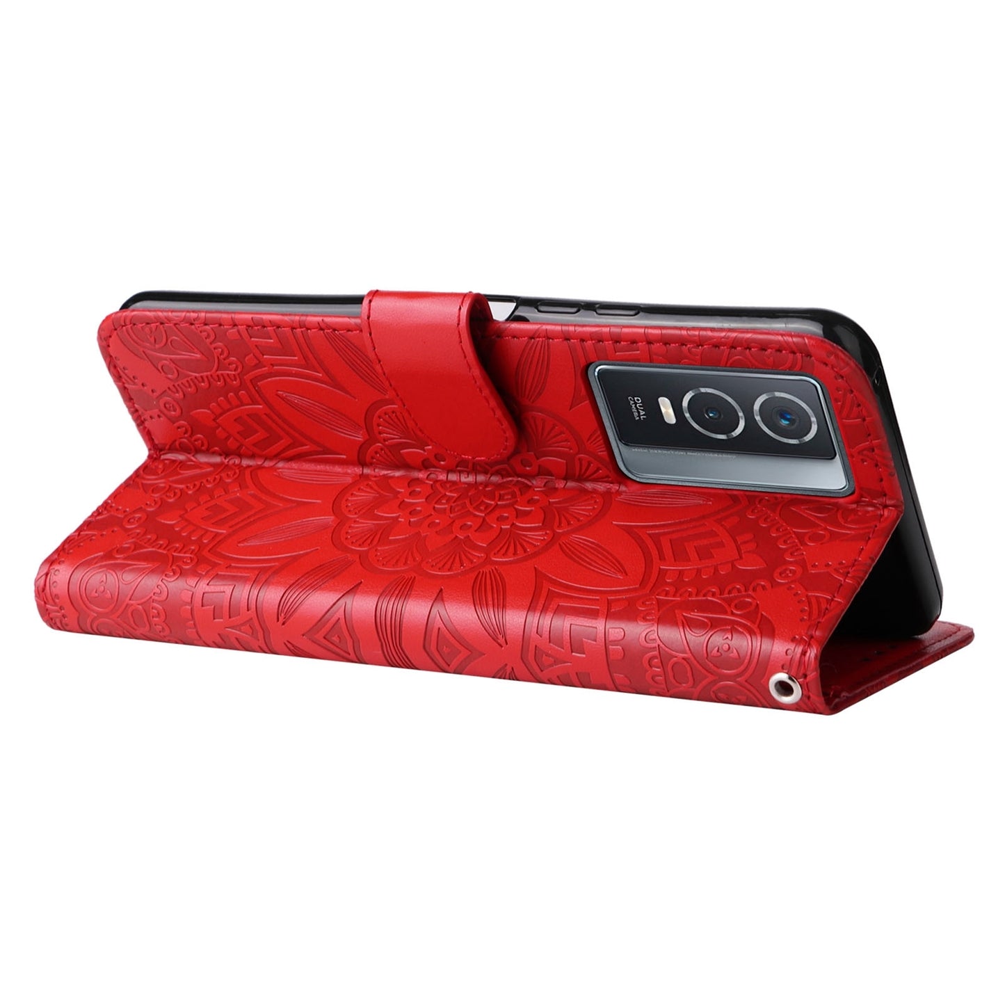 For vivo Y76 5G Sunflower Embossed Leather Wallet Phone Case with Kickstand and Card Holder