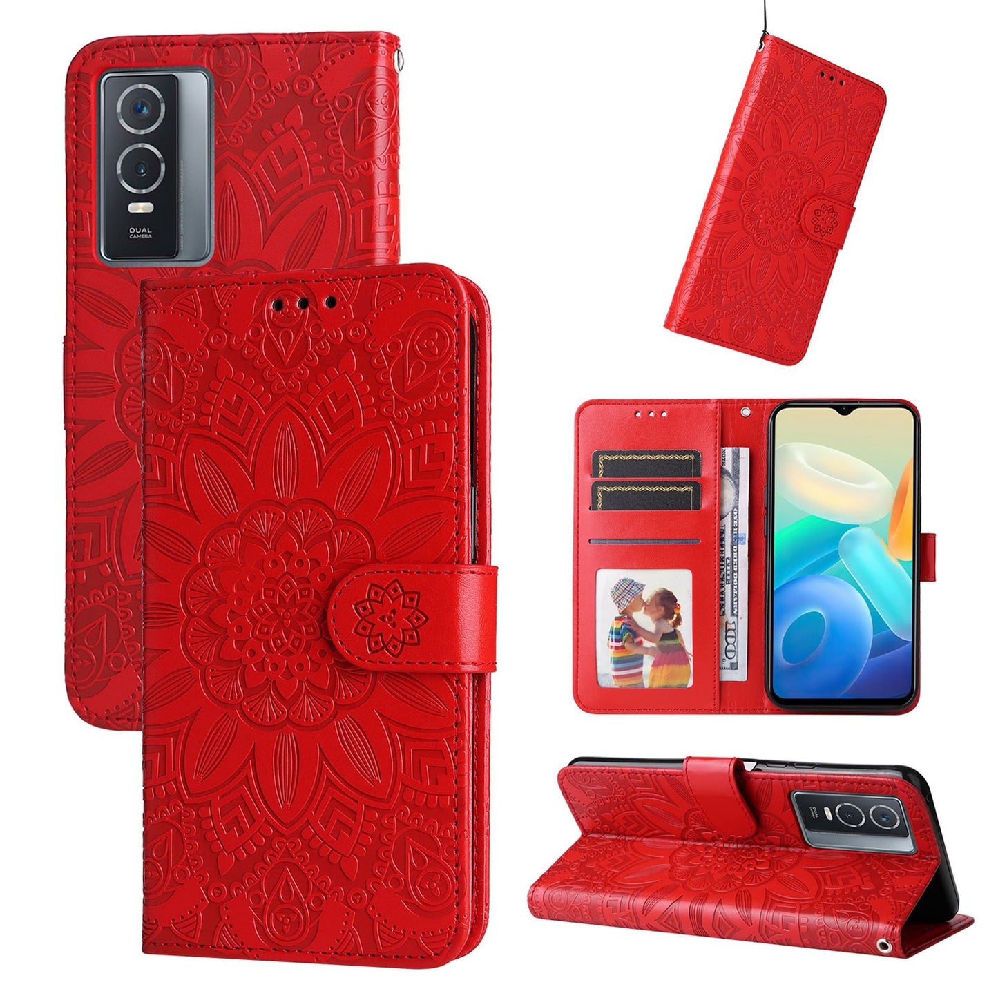 For vivo Y76 5G Sunflower Embossed Leather Wallet Phone Case with Kickstand and Card Holder