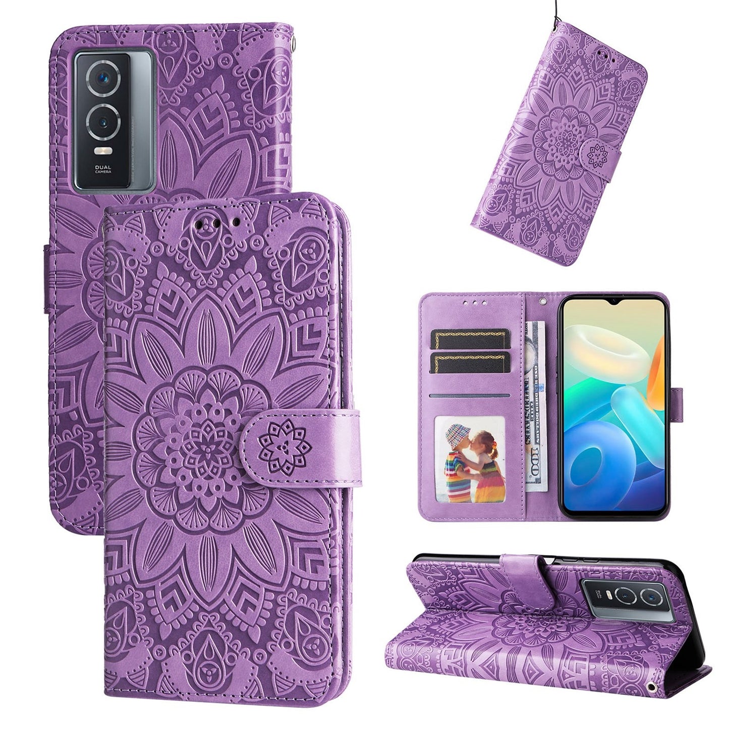 For vivo Y76s Sunflower Embossed Leather Wallet Phone Case with Kickstand and Card Holder
