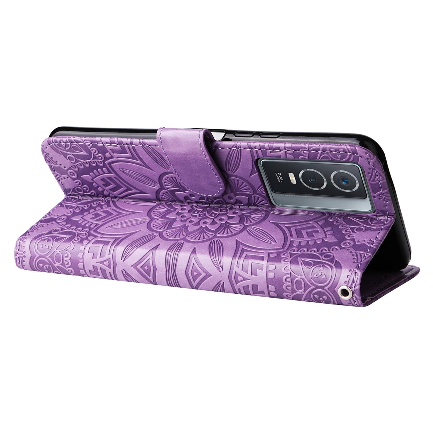 For vivo Y76 5G Sunflower Embossed Leather Wallet Phone Case with Kickstand and Card Holder
