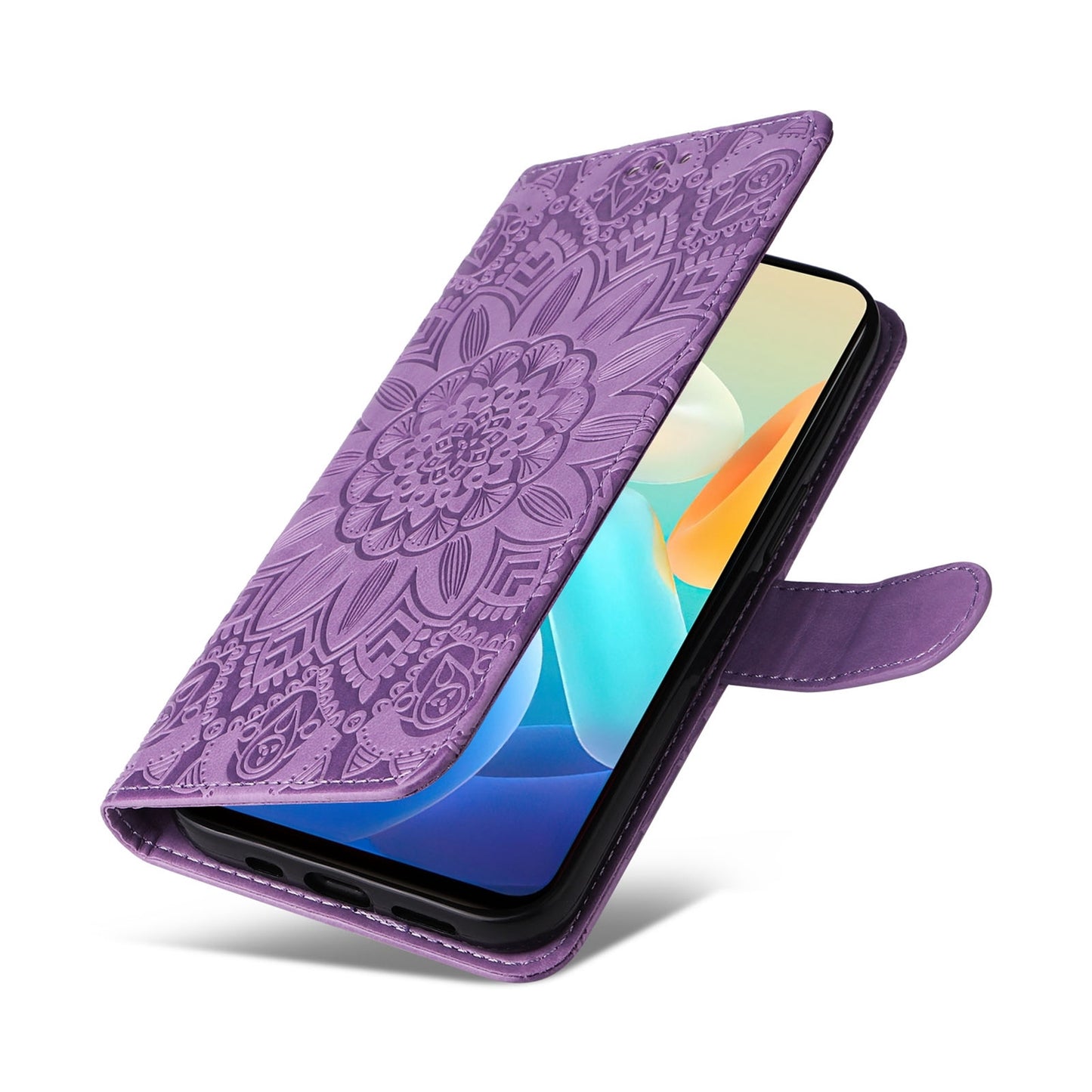 For vivo Y76 5G Sunflower Embossed Leather Wallet Phone Case with Kickstand and Card Holder