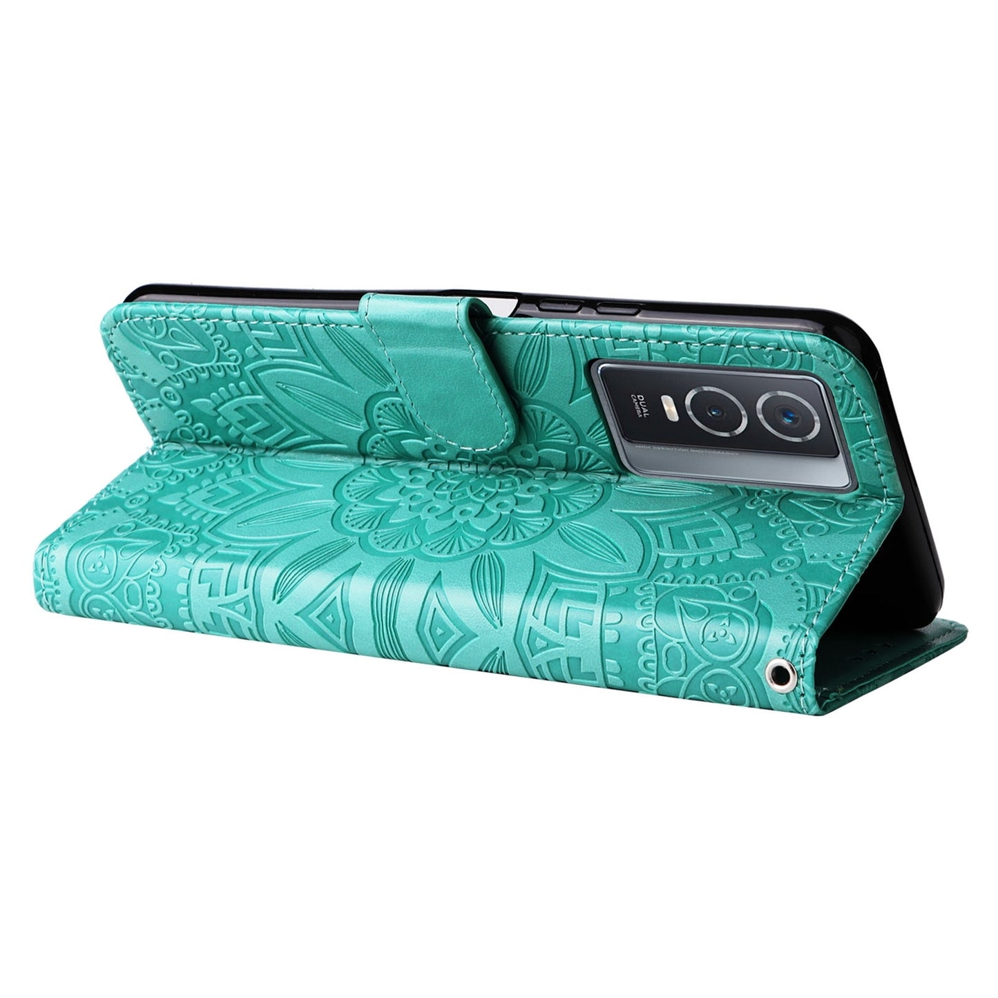 For vivo Y76 5G Sunflower Embossed Leather Wallet Phone Case with Kickstand and Card Holder