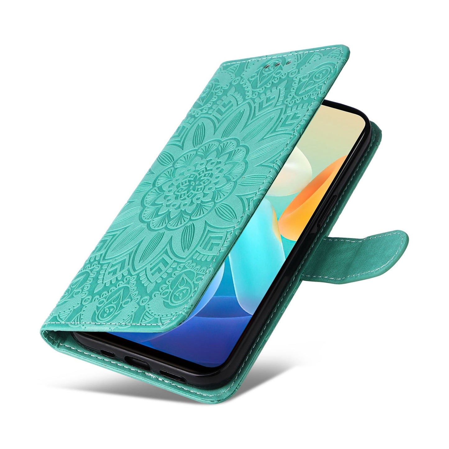 For vivo Y76 5G Sunflower Embossed Leather Wallet Phone Case with Kickstand and Card Holder