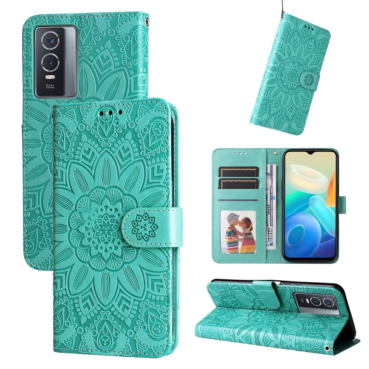 For vivo Y76 5G Sunflower Embossed Leather Wallet Phone Case with Kickstand and Card Holder