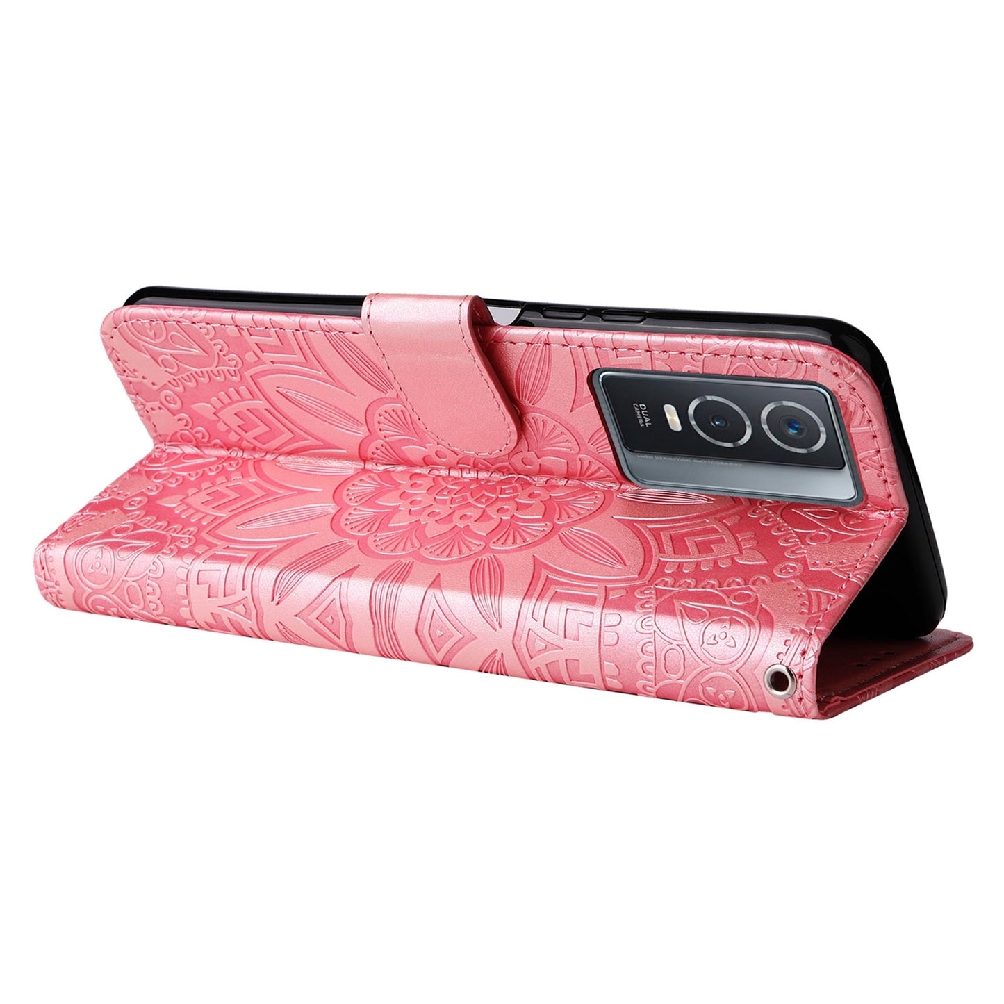 For vivo Y76 5G Sunflower Embossed Leather Wallet Phone Case with Kickstand and Card Holder
