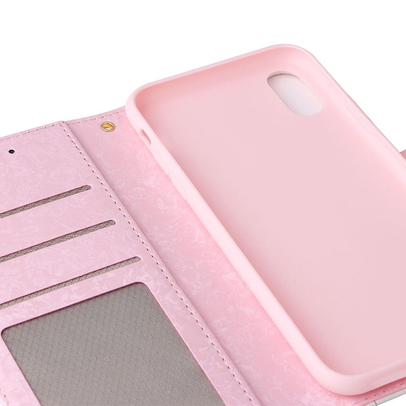 iPhone XS Max Luxury Bronzing Leather Case - Floral RFID Wallet Cover with Stand & Card Slots