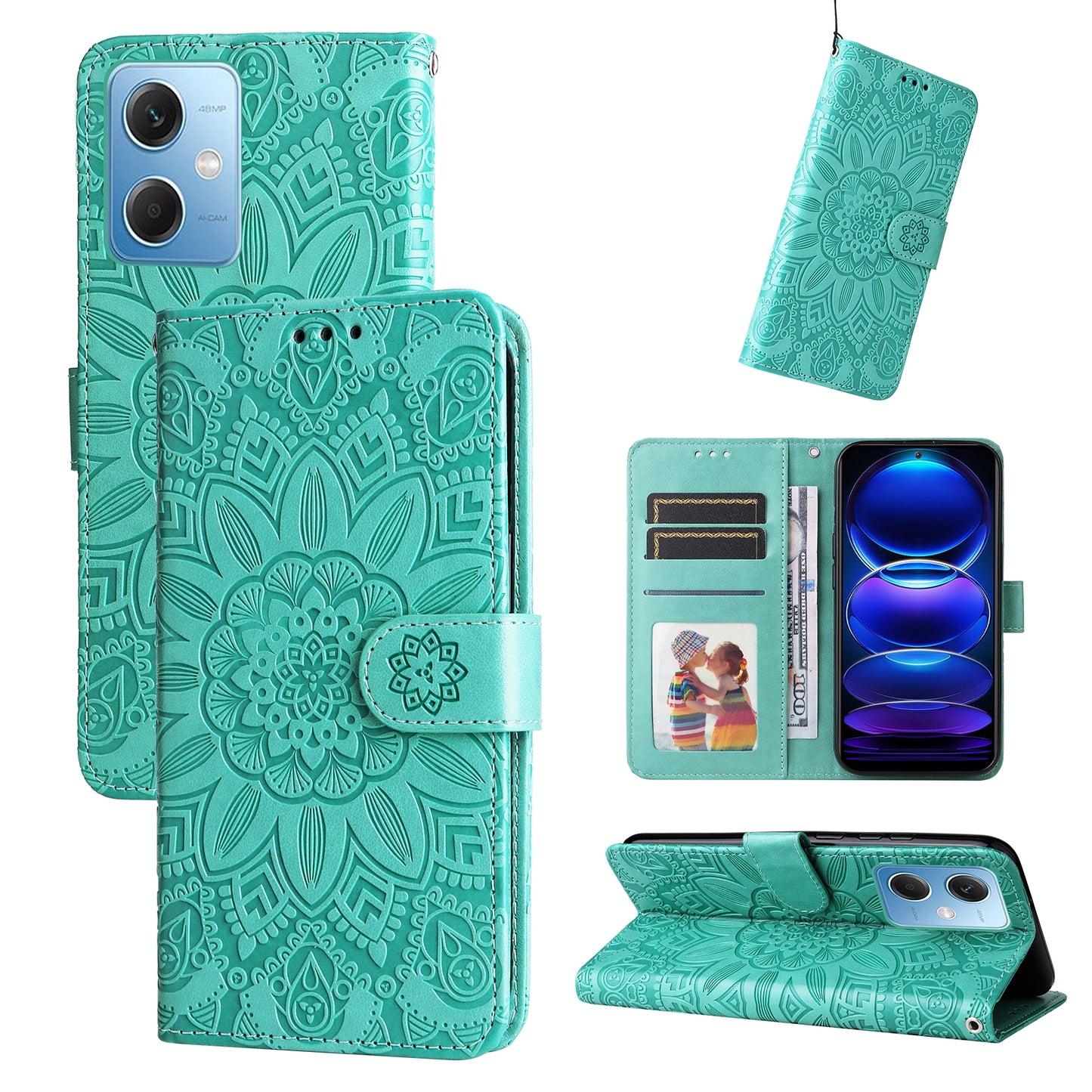 Xiaomi Redmi Note 12 China Sunflower Embossed Leather Wallet Phone Case with Kickstand and Card Holder