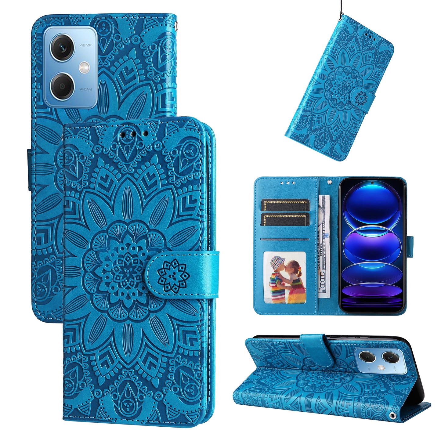 Xiaomi Redmi Note 12 China Sunflower Embossed Leather Wallet Phone Case with Kickstand and Card Holder