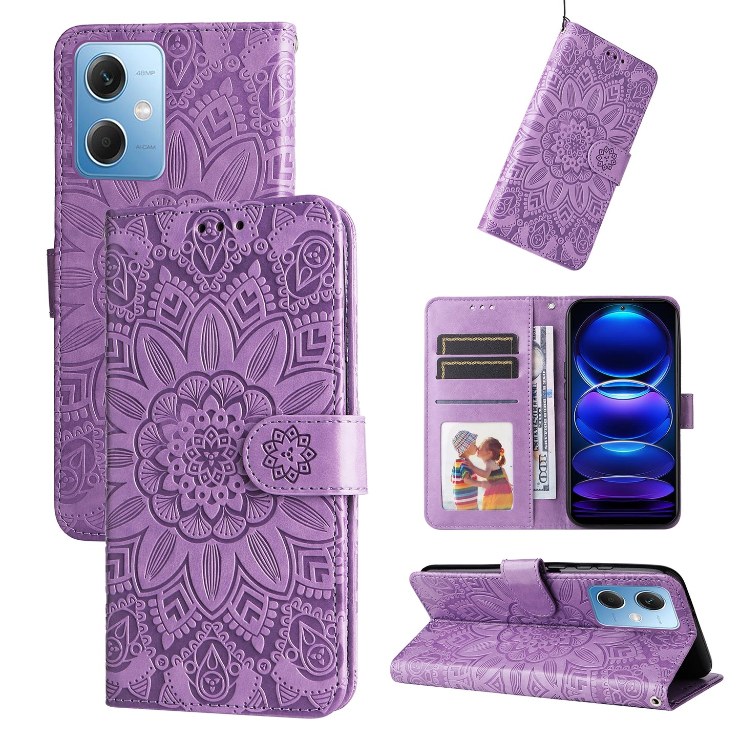 Xiaomi Redmi Note 12 China Sunflower Embossed Leather Wallet Phone Case with Kickstand and Card Holder