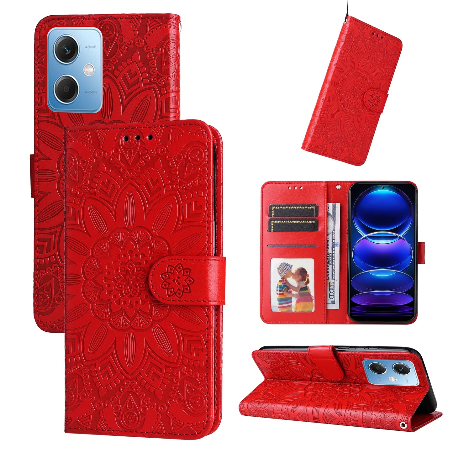 Xiaomi Redmi Note 12 China Sunflower Embossed Leather Wallet Phone Case with Kickstand and Card Holder