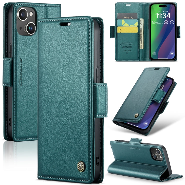 For iPhone 15 Plus Case - RFID, Butterfly Buckle, Card Slot, Litchi Leather