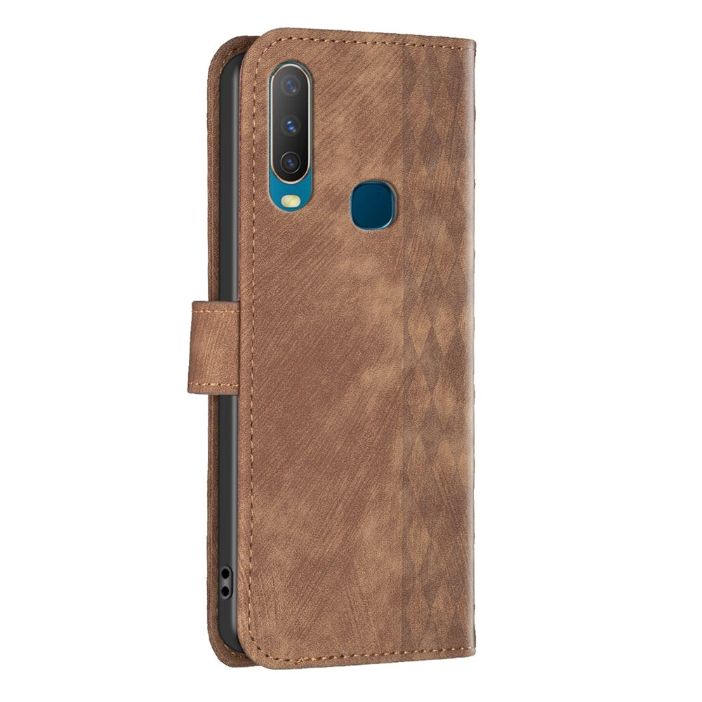 For vivo Y17 Case - Embossed Plaid Leather Wallet Cover with Card Slots, Kickstand, and 360 degree Protection