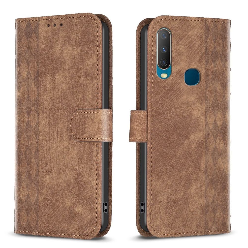 For vivo Y17 Case - Embossed Plaid Leather Wallet Cover with Card Slots, Kickstand, and 360 degree Protection
