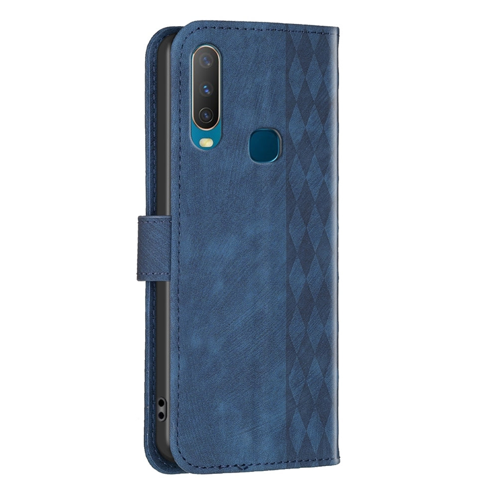 For vivo Y17 Case - Embossed Plaid Leather Wallet Cover with Card Slots, Kickstand, and 360 degree Protection