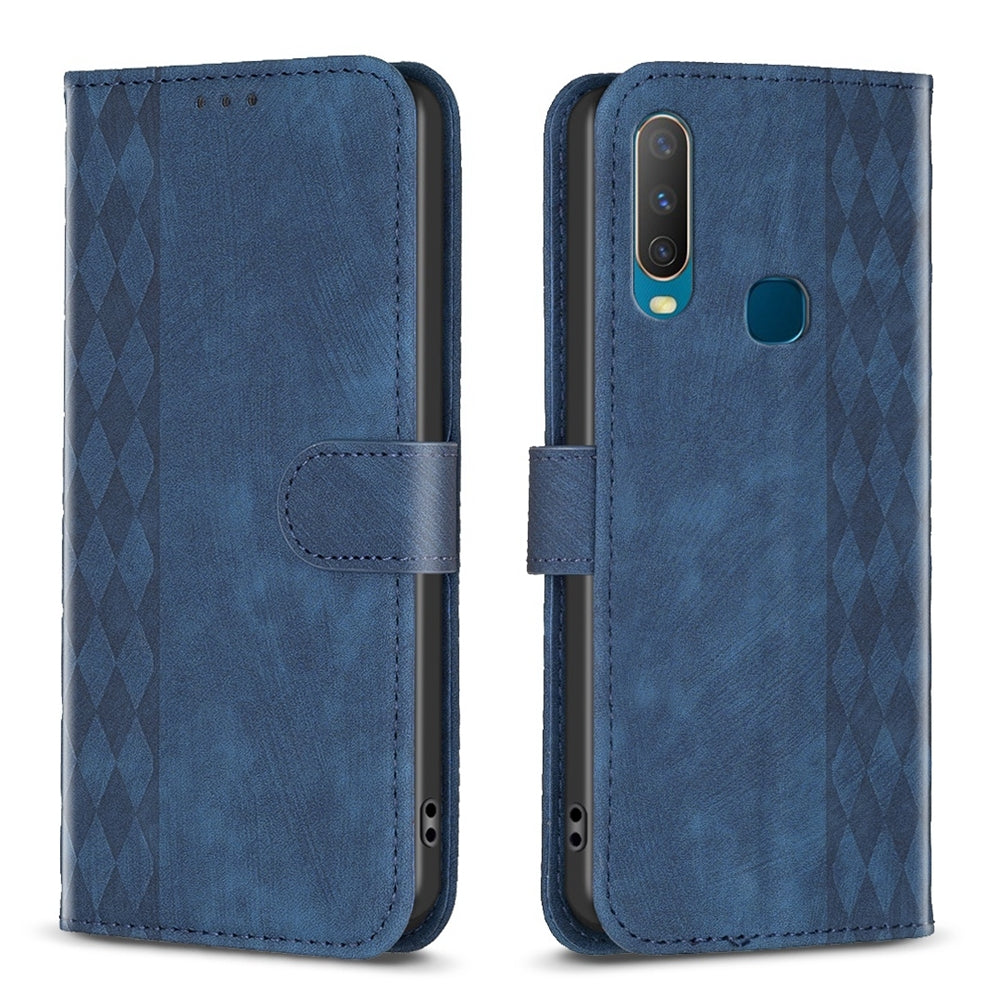 For vivo Y17 Case - Embossed Plaid Leather Wallet Cover with Card Slots, Kickstand, and 360 degree Protection