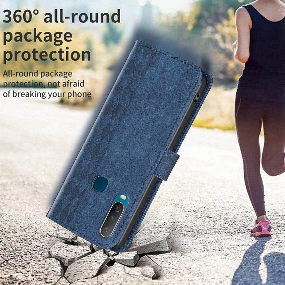 For vivo Y17 Case - Embossed Plaid Leather Wallet Cover with Card Slots, Kickstand, and 360 degree Protection