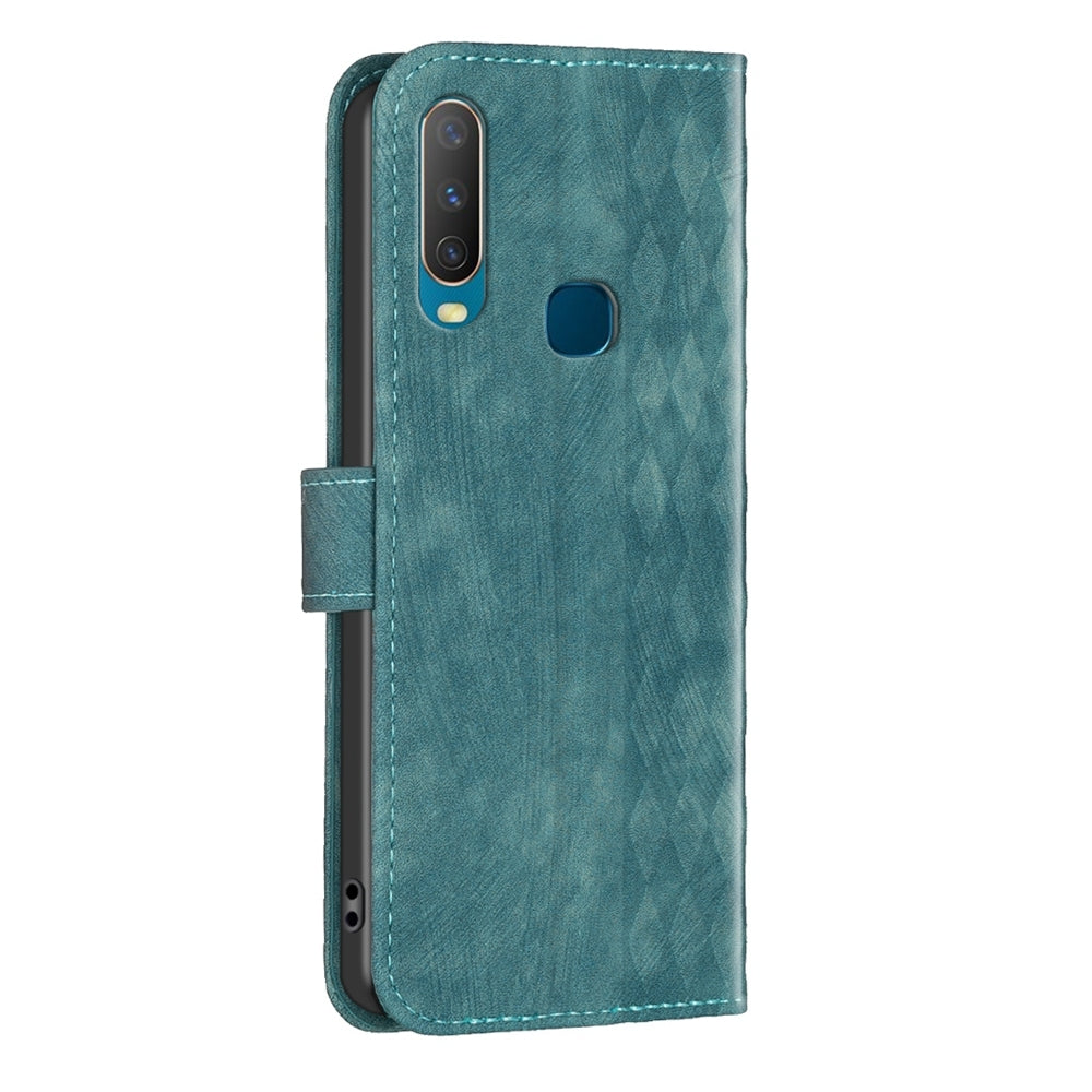 For vivo Y17 Case - Embossed Plaid Leather Wallet Cover with Card Slots, Kickstand, and 360 degree Protection