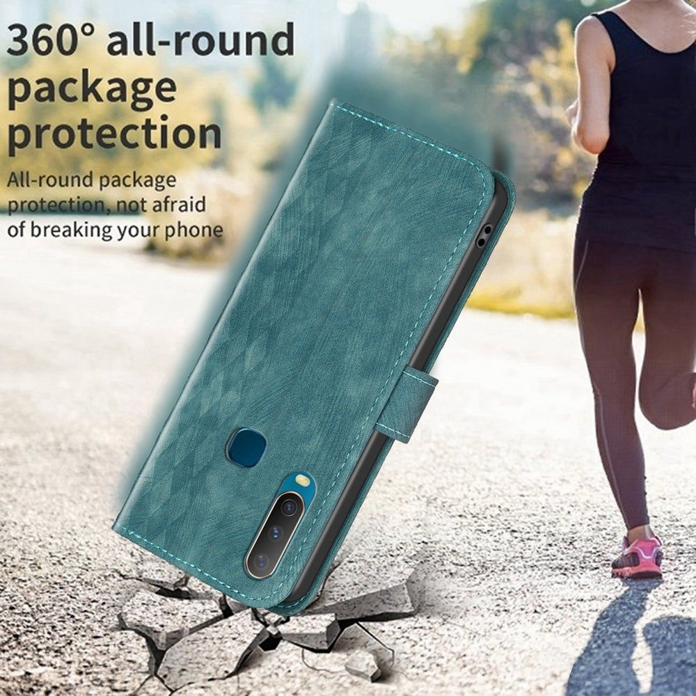For vivo Y17 Case - Embossed Plaid Leather Wallet Cover with Card Slots, Kickstand, and 360 degree Protection
